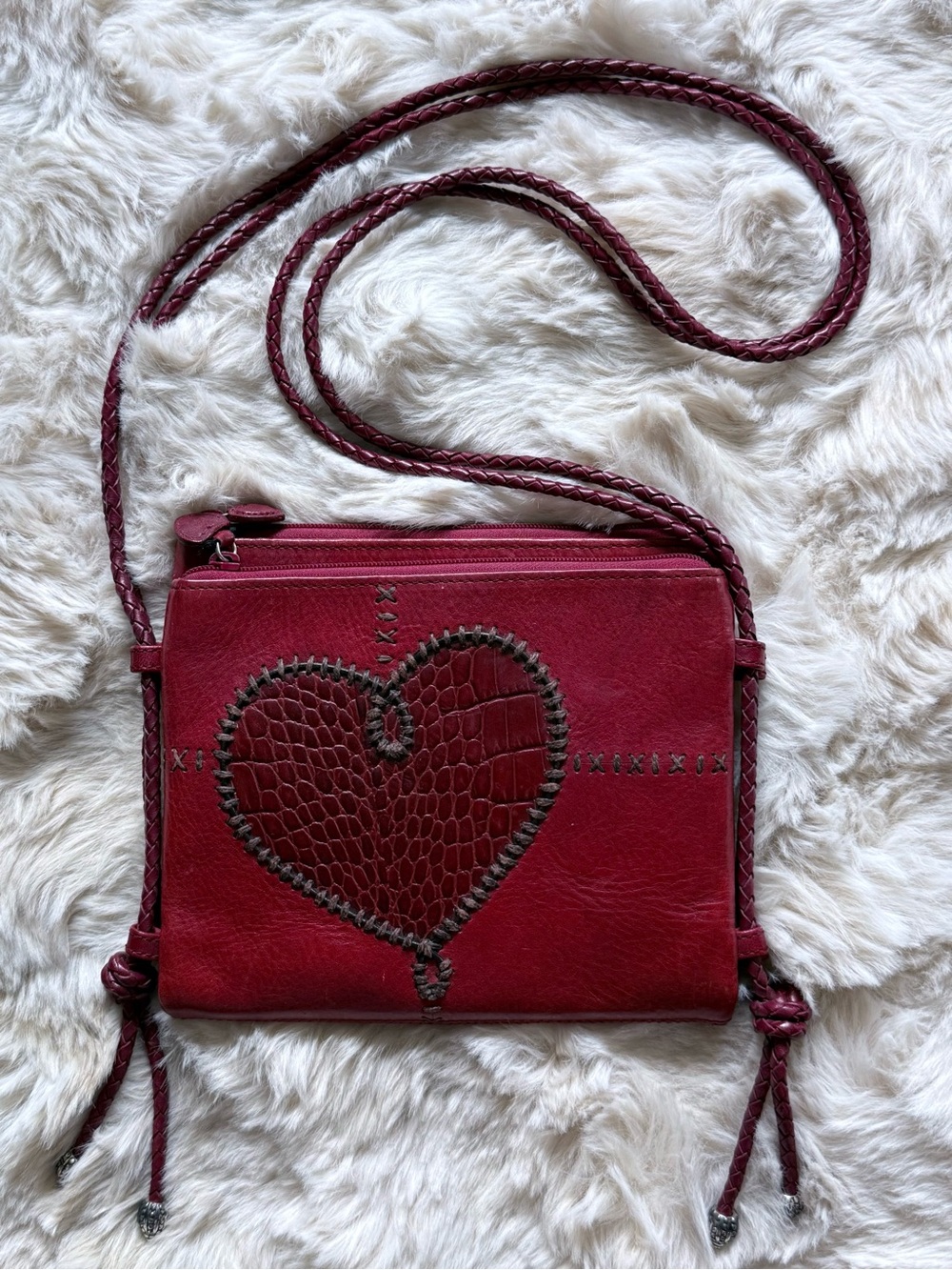 Brighton Burgundy Hippie Heart-Appliqué Crossbody Organizer Bag